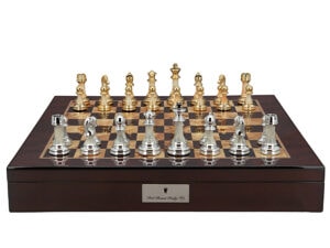 Dal Rossi Italy Chess Set with Mahogany Finish Chess Box 20” with compartments and Modern Staunton Style Gold and Silver Chess Pieces