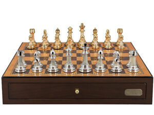 Dal Rossi Italy Chess Set with Shiny Walnut Chess Box 18” with drawers and Modern Staunton Style Gold and Silver Chess Pieces