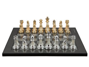 Dal Rossi Italy Modern Staunton Style Gold and Silver Chess Pieces on Carbon Fibre 40cm Chess Board