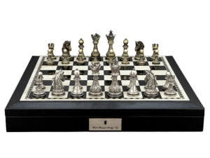 Dal Rossi Italy Chess Set with Black and White PU Leather Bevelled Edge chess box with compartments 18″ and Regal Copper and Silver 90mm Chess Pieces