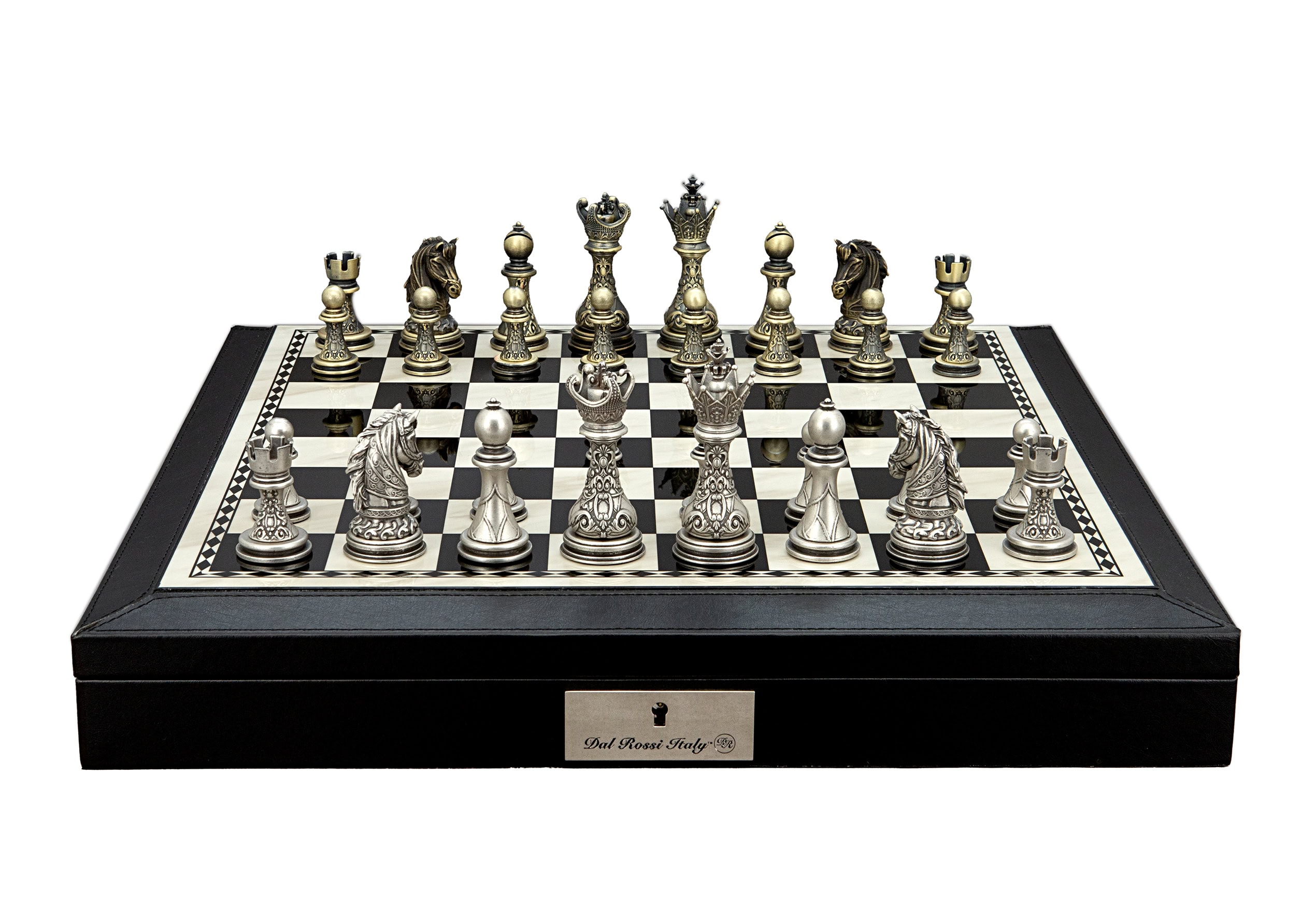 Dal Rossi Italy black and white PU leather bevelled edge 18 inch chess set with regal copper and silver pieces