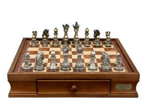 Dal Rossi Italy Chess Set with Walnut Finish Chess Box 16” with drawers and Regal Copper and Silver 90mm Chess Pieces
