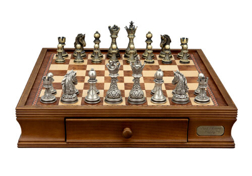 Dal Rossi Italy Chess Set with Walnut Chess Box 16” with drawers and Regal Copper and Silver Chess Pieces