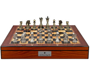 Dal Rossi Italy Chess Set with Shiny Walnut Finish Chess Box 20” with compartments and Regal Copper and Silver 90mm Chess Pieces
