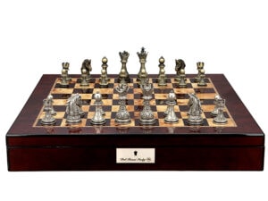 Dal Rossi Italy Chess Set with Mahogany Finish Chess Box 20” with compartments and Regal Copper and Silver 90mm Chess Pieces