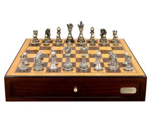 Dal Rossi Italy Chess Set with Shiny Walnut Chess Box 18” with drawers and Regal Copper and Silver 90mm Chess Pieces