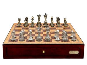 Dal Rossi Italy Chess Set with Shiny Mahogany Chess Box 18” with drawers and Regal Copper and Silver 90mm Chess Pieces