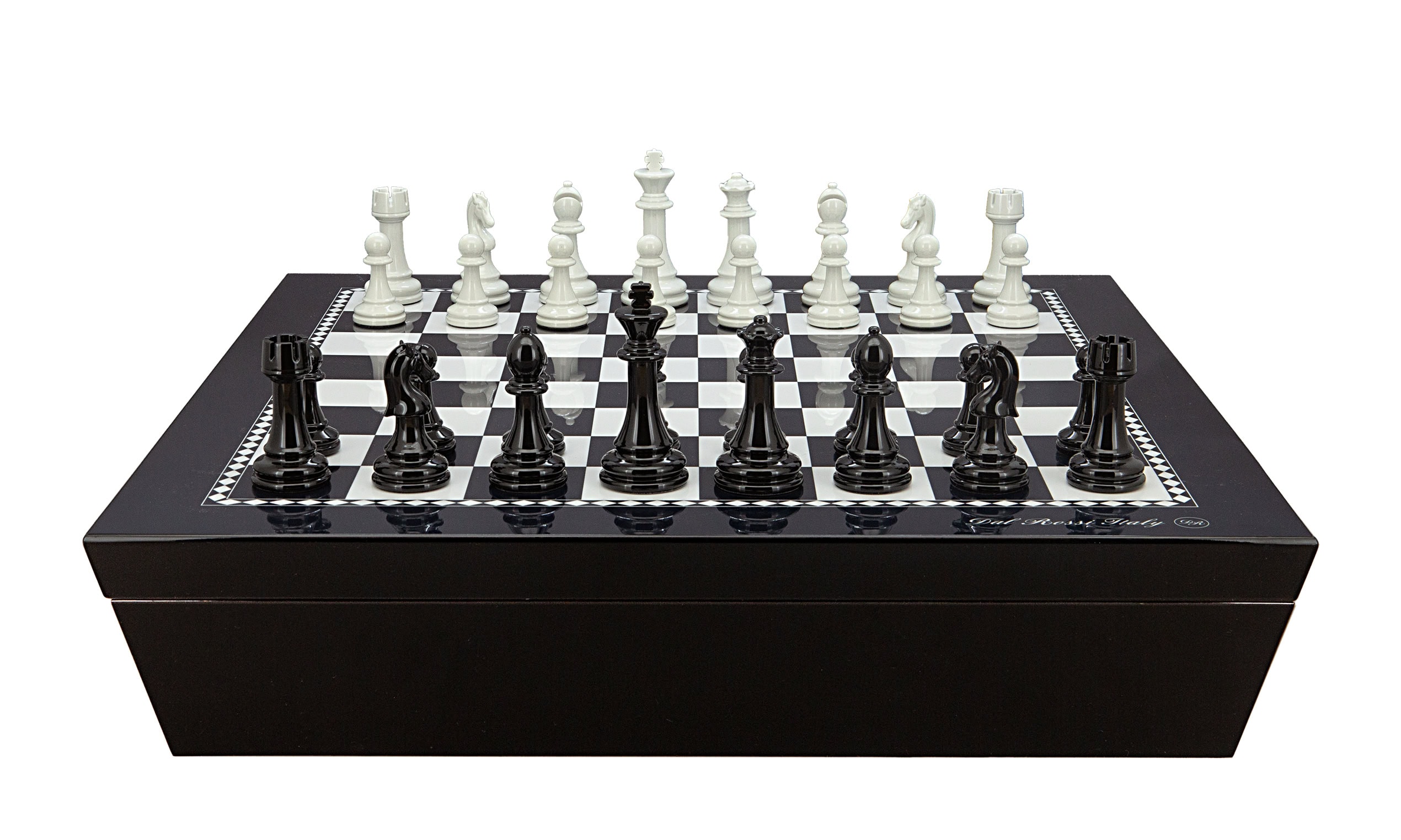 Dal Rossi Italy black and white high gloss angular 20 inch chess set with modern Staunton pieces