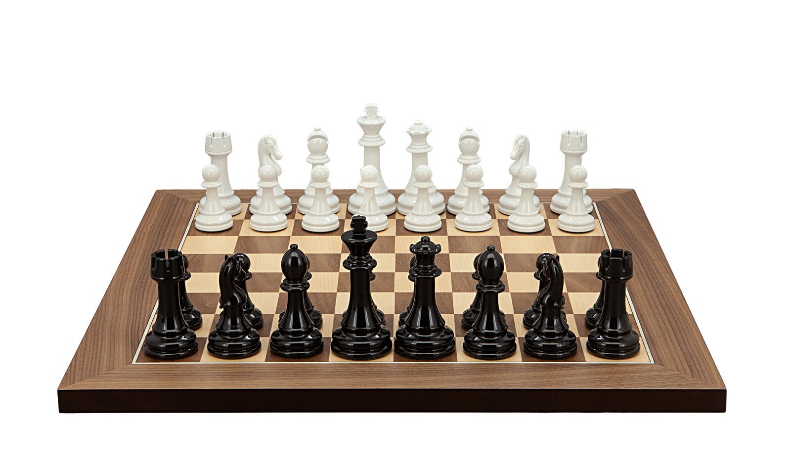 Dal Rossi Italy Modern Staunton Style Black and White Chess Pieces on Walnut Inlaid Chess Board 40cm