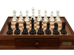 Dal Rossi Italy Chess Set with Walnut Finish Chess Box 16” with drawers and Modern Staunton Style Black and White Chess Pieces