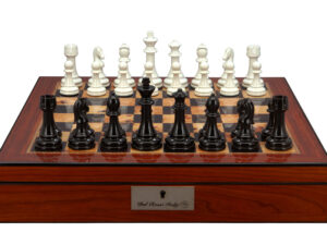 Dal Rossi Italy Chess Set with Shiny Walnut Finish Chess Box 16” with compartments and Modern Staunton Style Black and White Chess Pieces