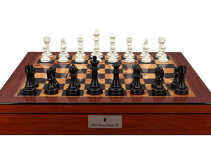 Dal Rossi Italy Chess Set with Shiny Walnut Finish Chess Box 20” with compartments and Modern Staunton Style Black and White Chess Pieces