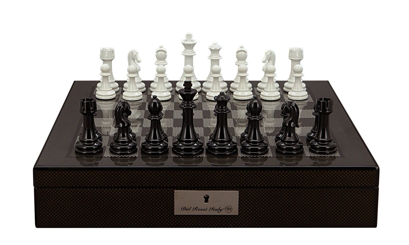 Dal Rossi Italy Chess Set with Carbon Fibre Shiny Finish Chess Box 16” with compartments and Modern Staunton Style Black and White Chess Pieces