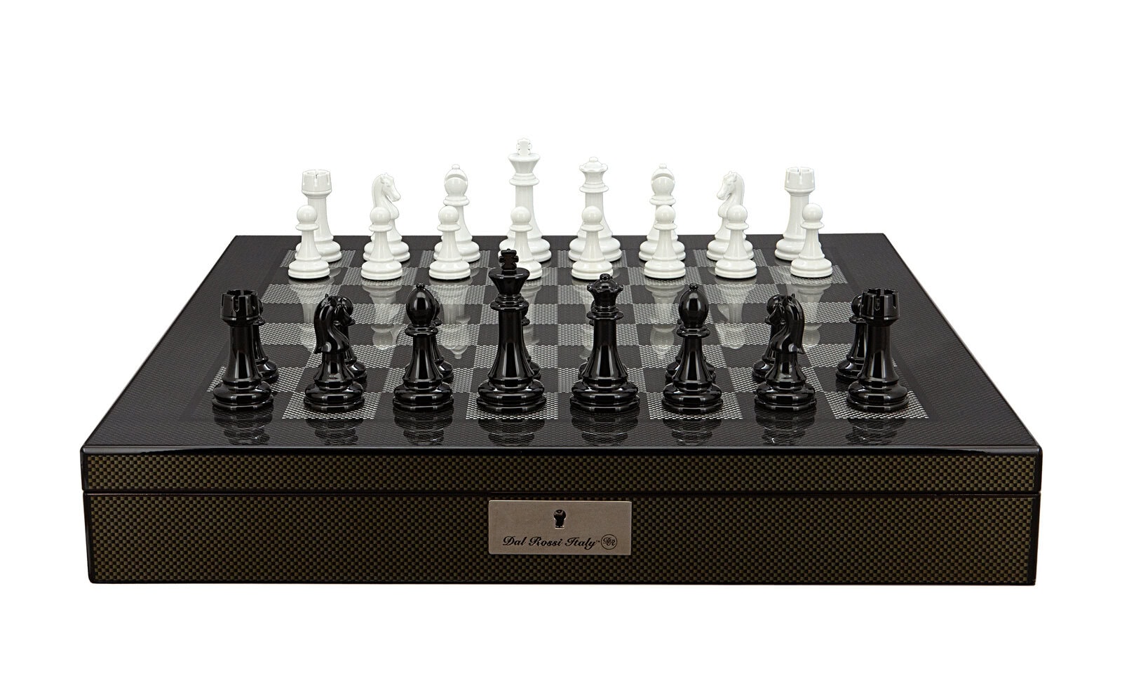 Dal Rossi Italy Chess Set with Carbon Fibre Shiny Finish Chess Box 20” with compartments and Modern Staunton Style Black and White Chess Pieces