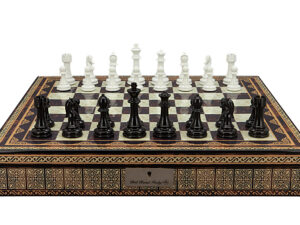Dal Rossi Italy Chess Set with Mosaic Finish Chess Box 20” with compartments and Modern Staunton Style Black and White Chess Pieces