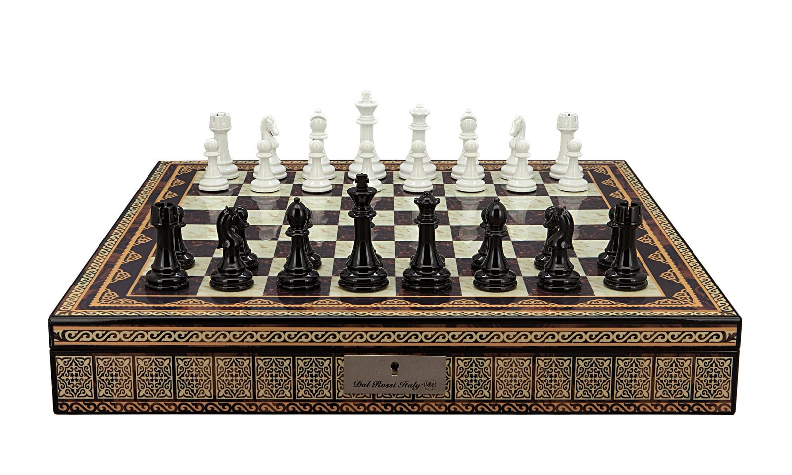 Dal Rossi Italy Chess Set with Mosaic Finish Chess Box 20” with compartments and Modern Staunton Style Black and White Chess Pieces