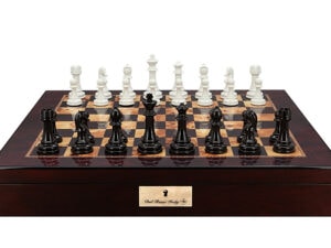 Dal Rossi Italy Chess Set with Mahogany Finish Chess Box 20” with compartments and Modern Staunton Style Black and White Chess Pieces