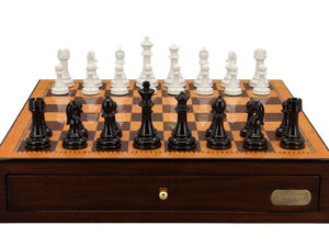 Dal Rossi Italy Chess Set with Shiny Walnut Chess Box 18” with drawers and Modern Staunton Style Black and White Chess Pieces