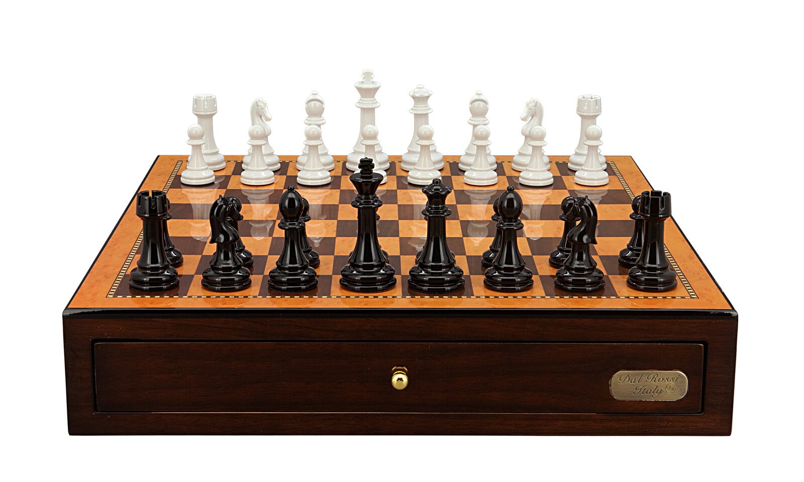 Dal Rossi Italy Chess Set with Shiny Walnut Chess Box 18” with drawers and Modern Staunton Style Black and White Chess Pieces