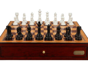 Dal Rossi Italy Chess Set with Shiny Mahogany Chess Box 18” with drawers and Modern Staunton Style Black and White Chess Pieces