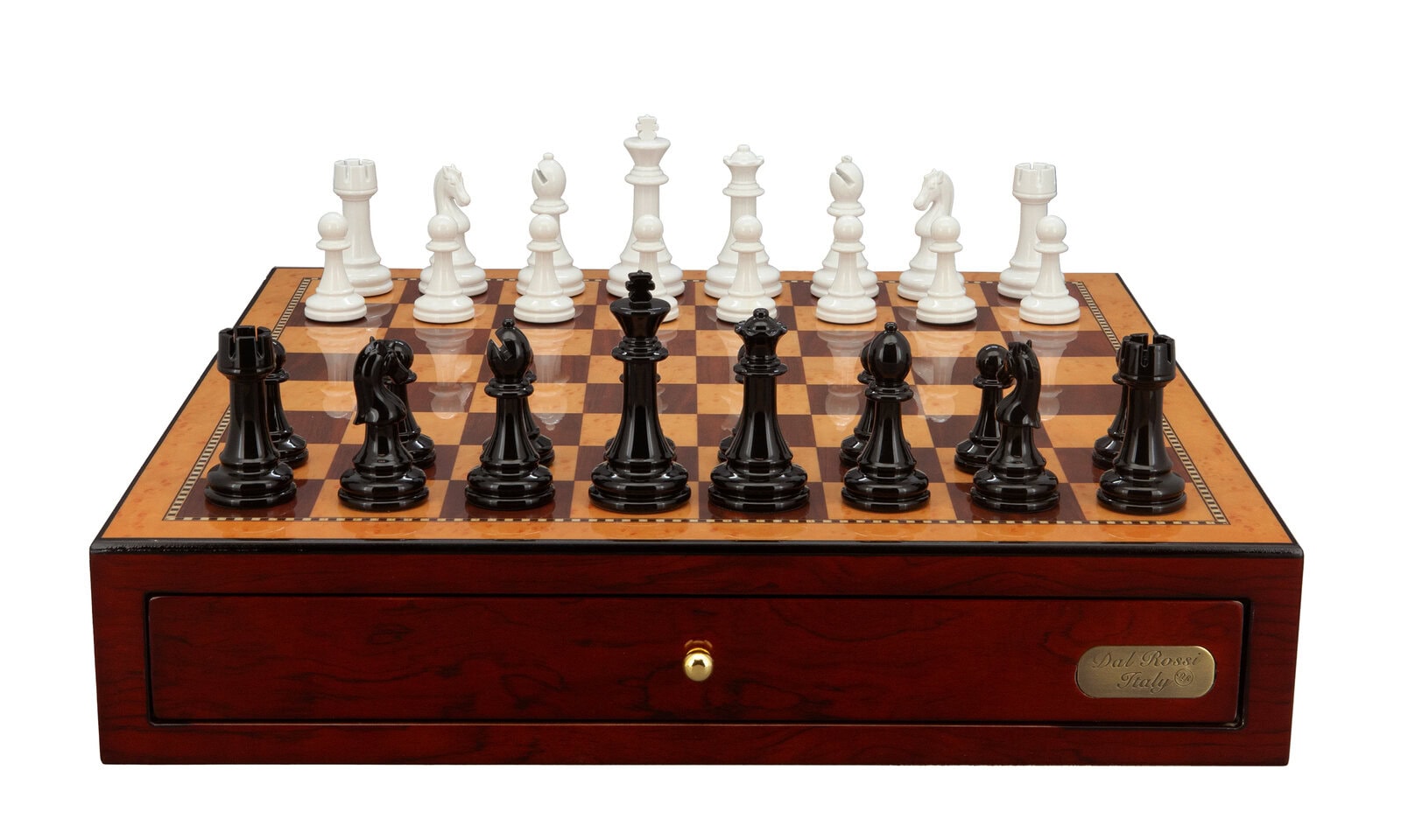 Dal Rossi Italy Chess Set with Shiny Mahogany Chess Box 18” with drawers and Modern Staunton Style Black and White Chess Pieces