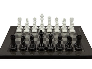 Dal Rossi Italy Modern Staunton Style Black and White Chess Pieces on Carbon Fibre 40cm Chess Board