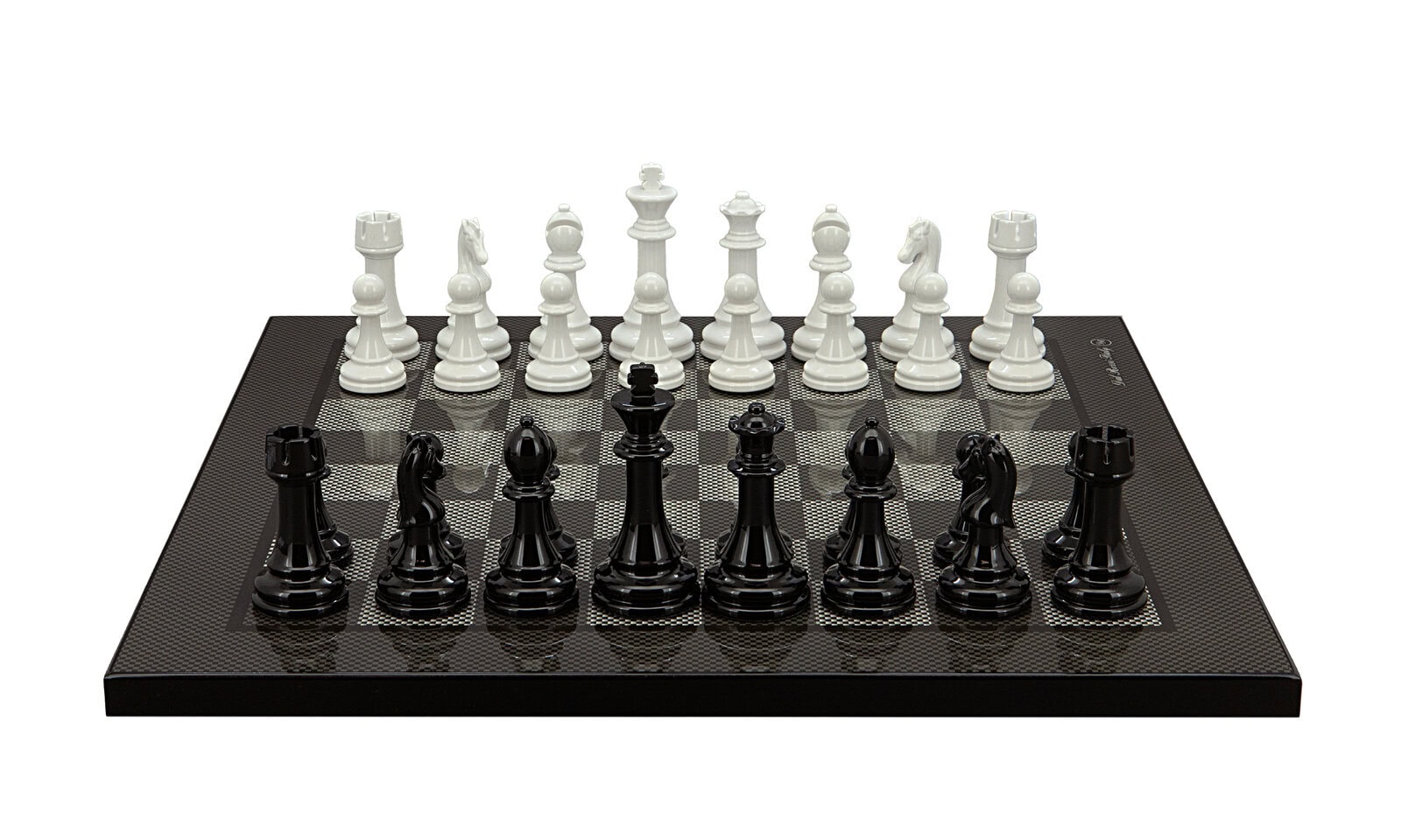 Dal Rossi Italy Modern Staunton Style Black and White Chess Pieces on Carbon Fibre 40cm Chess Board