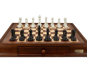Dal Rossi Italy Chess Set with Walnut Finish Chess Box 20” with drawers and Modern Staunton Style Black and White Chess Pieces