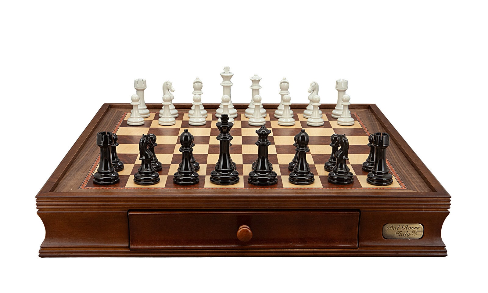 Dal Rossi Italy Chess Set with Walnut Finish Chess Box 20” with drawers and Modern Staunton Style Black and White Chess Pieces