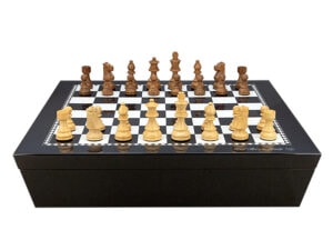 Dal Rossi Italy Chess set with Black and White High Gloss Finish Angular Chess Box 20 with compartments and Boxwood/Sheesham 85mm Pieces Wood Double Weighted