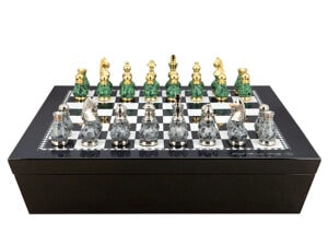 Dal Rossi Italy Chess set with Black and White High Gloss Finish Angular Chess Box 20” with compartments and Gray and Green with Gold and Silver Tops and Bottoms Chessmen 90mm