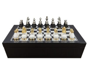 Dal Rossi Italy Chess set with Black and White High Gloss Finish Angular Chess Box 20” with compartments and Black and White with Gold and Silver Tops and Bottoms Chessmen 90mm