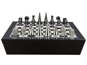 Dal Rossi Italy Chess set with Black and White High Gloss Finish Angular Chess Box 20” with compartments and Metal Dark Titanium and Silver 90mm Chessmen