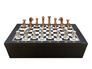 Dal Rossi Italy Chess set with Black and White High Gloss Finish Angular Chess Box 20” with compartments and Metal Copper and Silver 80mm Chessmen