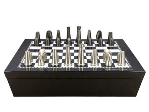 Dal Rossi Italy Chess set with Black and White High Gloss Finish Angular Chess Box 20” with compartments  and Dark Titanium and Silver 85mm Chess Pieces