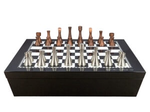 Dal Rossi Italy Chess set with Black and White High Gloss Finish Angular Chess Box 20” with compartments  and Contemporary Metal Chessmen