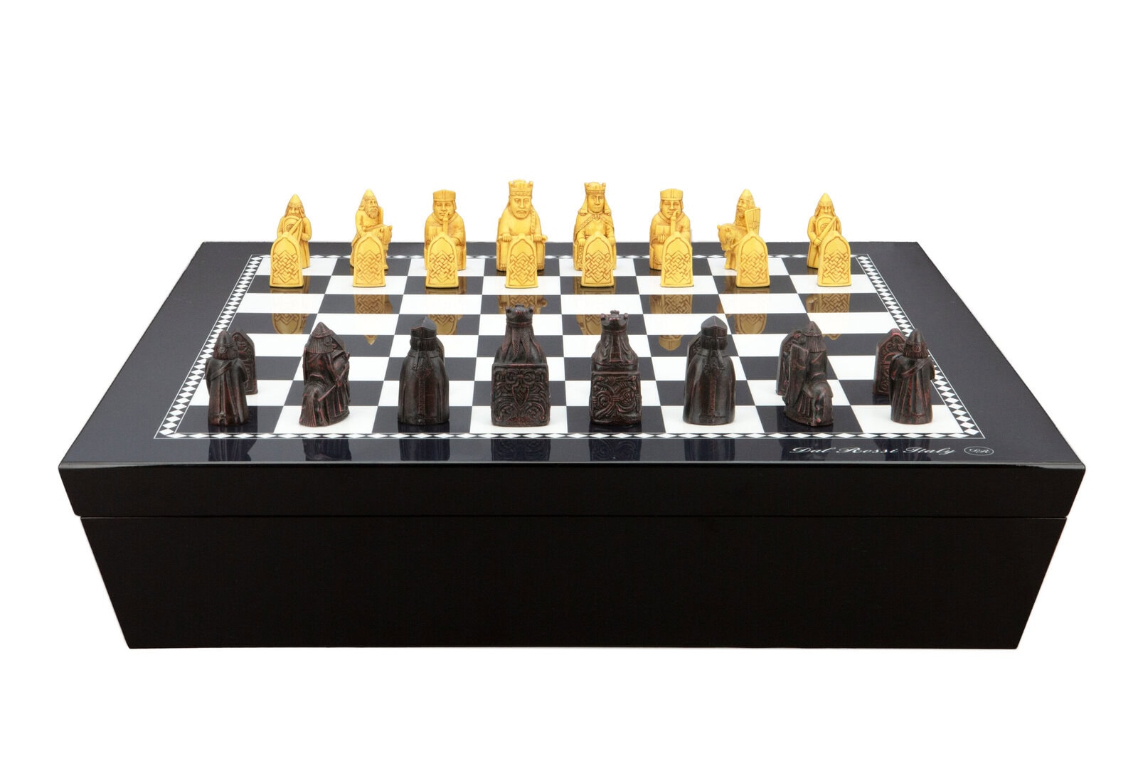 Dal Rossi Italy Chess set with Black and White High Gloss Finish Angular Chess Box 20” with compartments and Small Isle of Lewis Chessmen