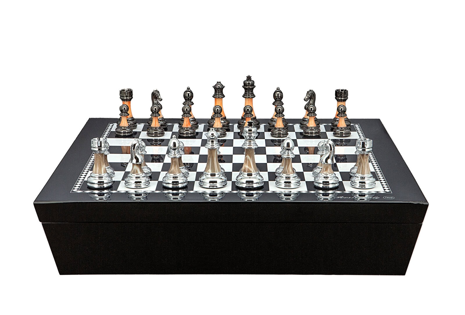 Dal Rossi Italy Chess set with Black and White High Gloss Finish Angular Chess Box 20” with compartments  and Staunton Metal/Marble Finish Chessmen