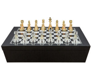 Dal Rossi Italy Chess set with Black and White High Gloss Finish Angular Chess Box 20” with compartments and Modern Staunton Style Gold and Silver Chess Pieces
