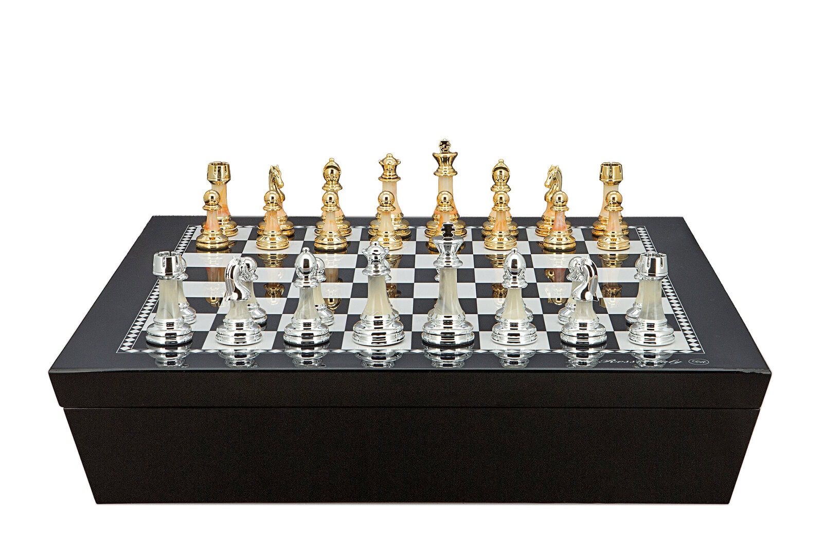 Dal Rossi Italy Chess set with Black and White High Gloss Finish Angular Chess Box 20” with compartments  and Modern Staunton Style Gold and Silver Chess Pieces