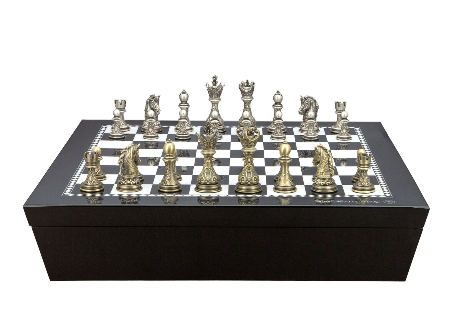 Dal Rossi Italy Chess set with Black and White High Gloss Finish Angular Chess Box 20” with compartments  and Regal Copper and Silver 90mm Chess Pieces