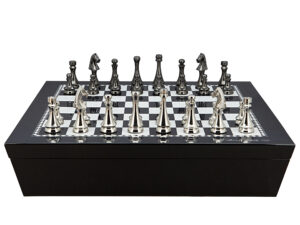Dal Rossi Italy Chess set with Black and White High Gloss Finish Angular Chess Box 20” with compartments and Metal Dark Titanium and Silver 85mm Chessmen