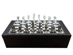 Dal Rossi Italy Chess set with Black and White High Gloss Finish Angular Chess Box 20” with compartments  and Diamond-Cut Titanium & Silver Chessmen Chess Pieces 85mm
