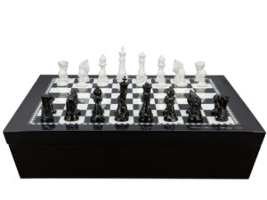 Dal Rossi Italy Chess set with Black and White High Gloss Finish Angular Chess Box 20” with compartments  and Diamond-Cut Black & White Chessmen Chess Pieces 85mm