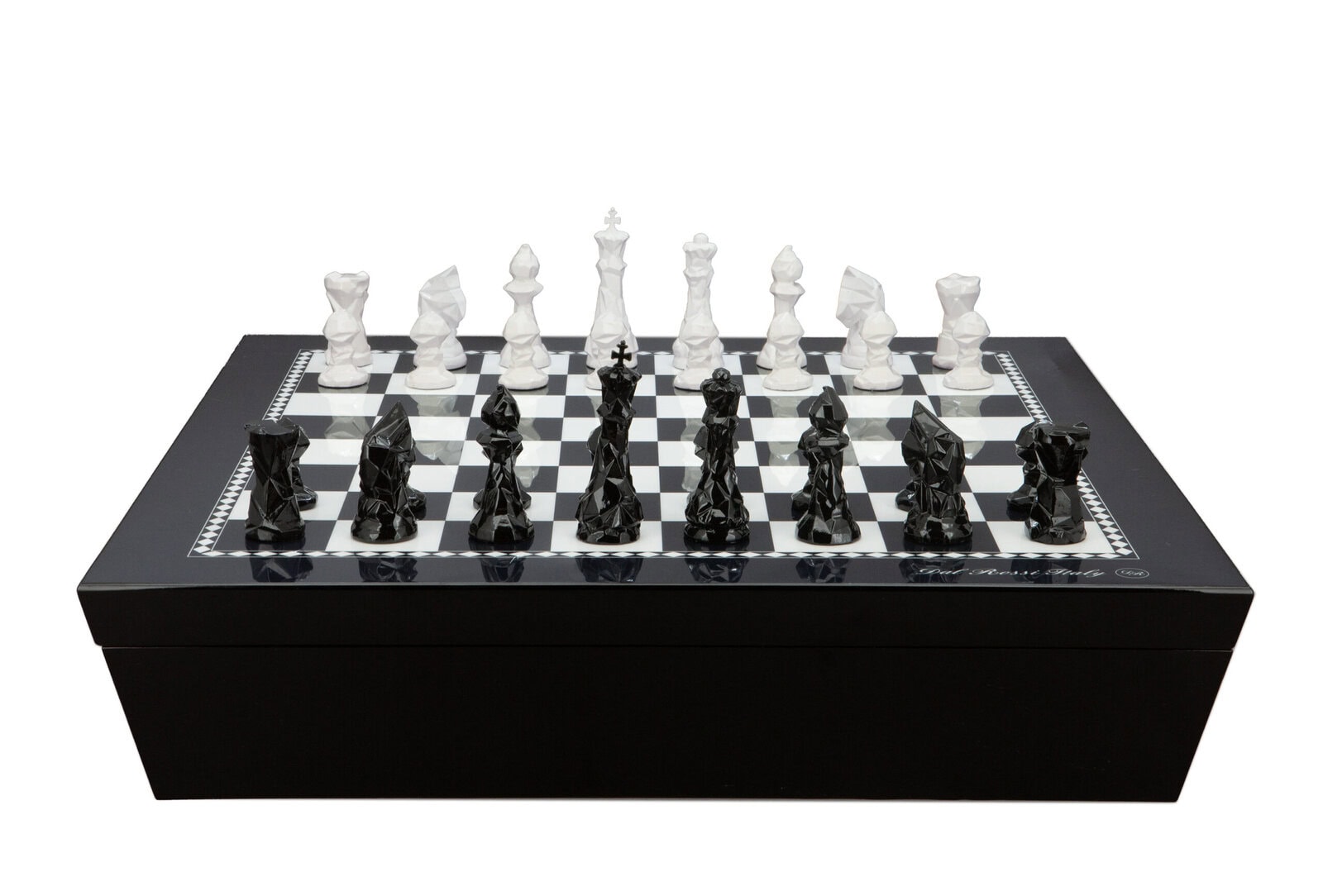 Dal Rossi Italy Chess set with Black and White High Gloss Finish Angular Chess Box 20” with compartments  and Diamond-Cut Black & White Chessmen Chess Pieces 85mm