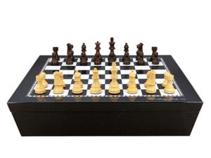 Dal Rossi Italy Chess set with Black and White High Gloss Finish Angular Chess Box 20” with compartments and French Lardy, Boxwood/Rosewood 85mm Wood Double Weighted