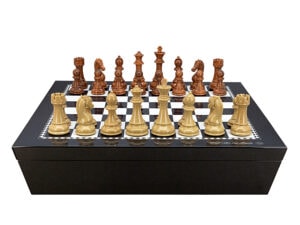 Dal Rossi Italy Chess set with Black and White High Gloss Finish Angular Chess Box 20” with compartments  and Brown and Box Wood Grain Finish 110mm Chess Pieces