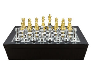 Dal Rossi Italy Chess set with Black and White High Gloss Finish Angular Chess Box 20” with compartments and Gold and Silver Weighted Chess Pieces 110mm