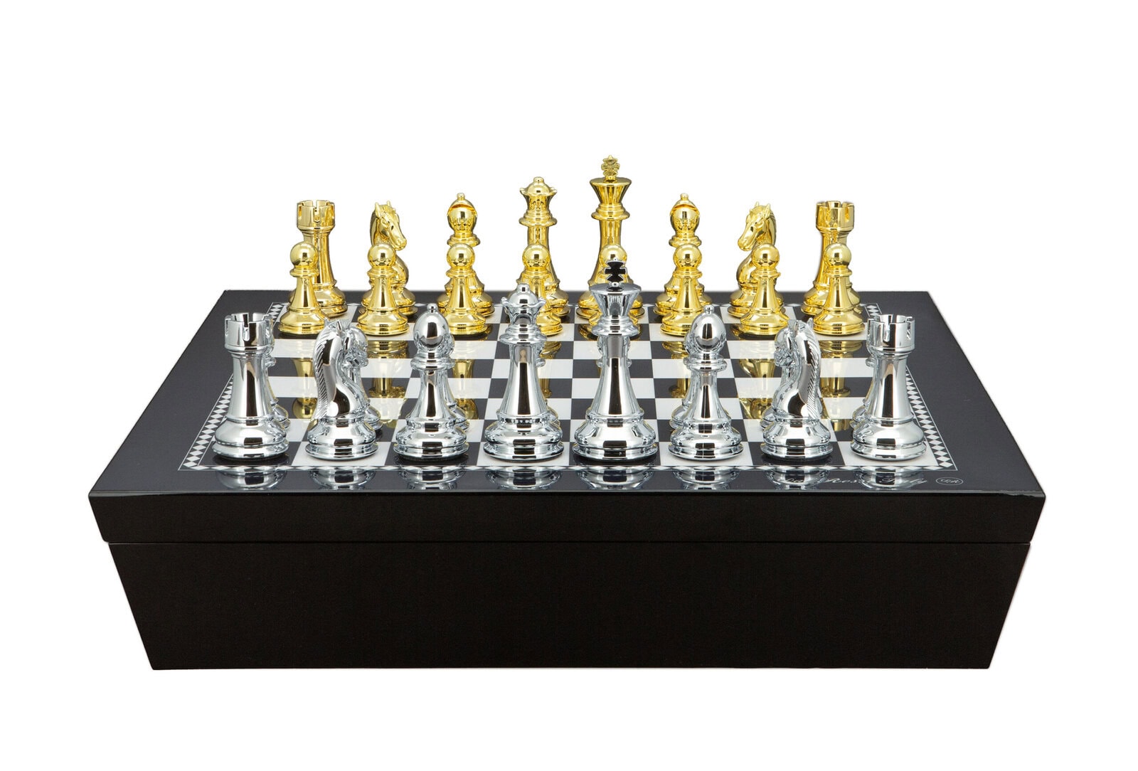 Dal Rossi Italy Chess set with Black and White High Gloss Finish Angular Chess Box 20” with compartments  and Gold and Silver Weighted Chess Pieces 110mm