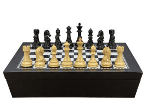 Dal Rossi Italy Chess set with Black and White High Gloss Finish Angular Chess Box 20” with compartments and Black Ebony Wood Grain Finish and Box Wood Grain Finish Weight pieces 110mm Chess Pieces